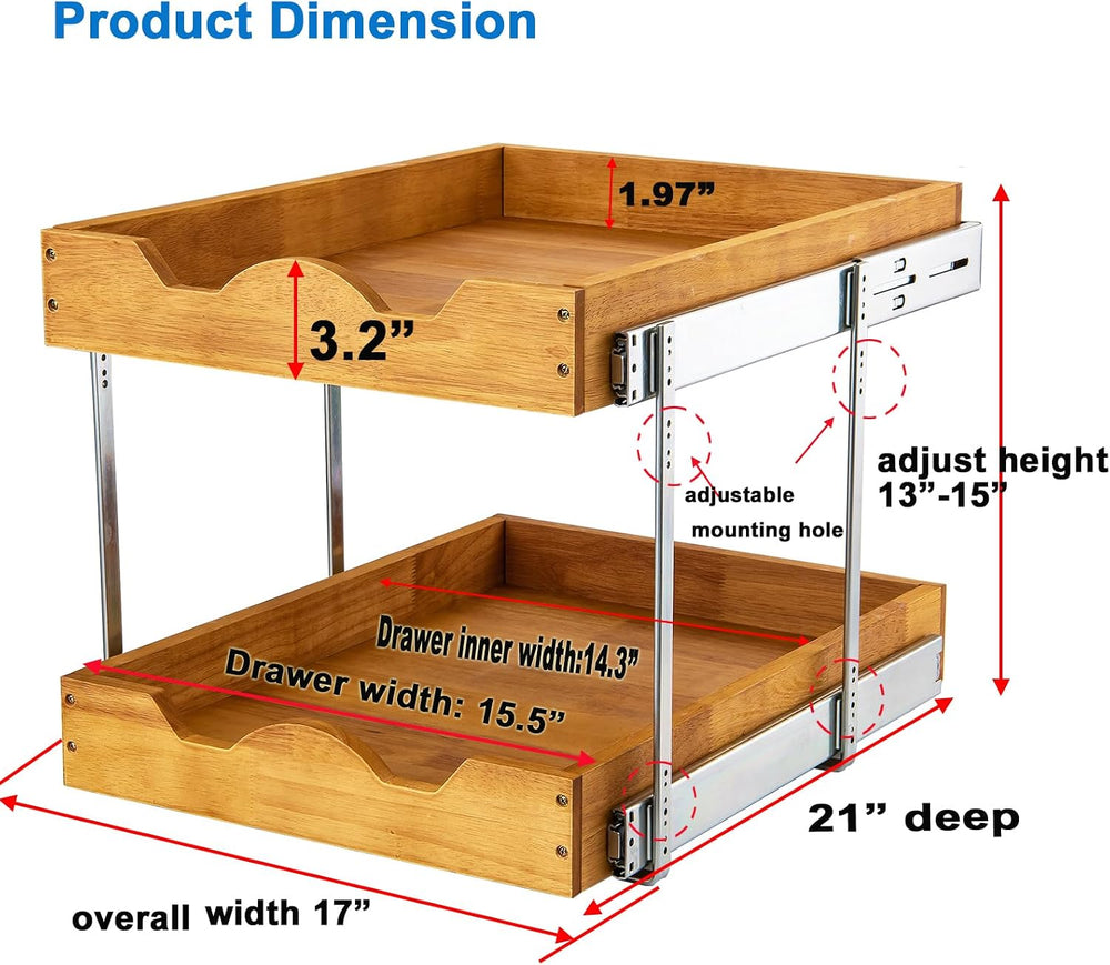 DINDON 2 Tier Pull Out Cabinet Organizer (17" W x 21" D) Wood And M...