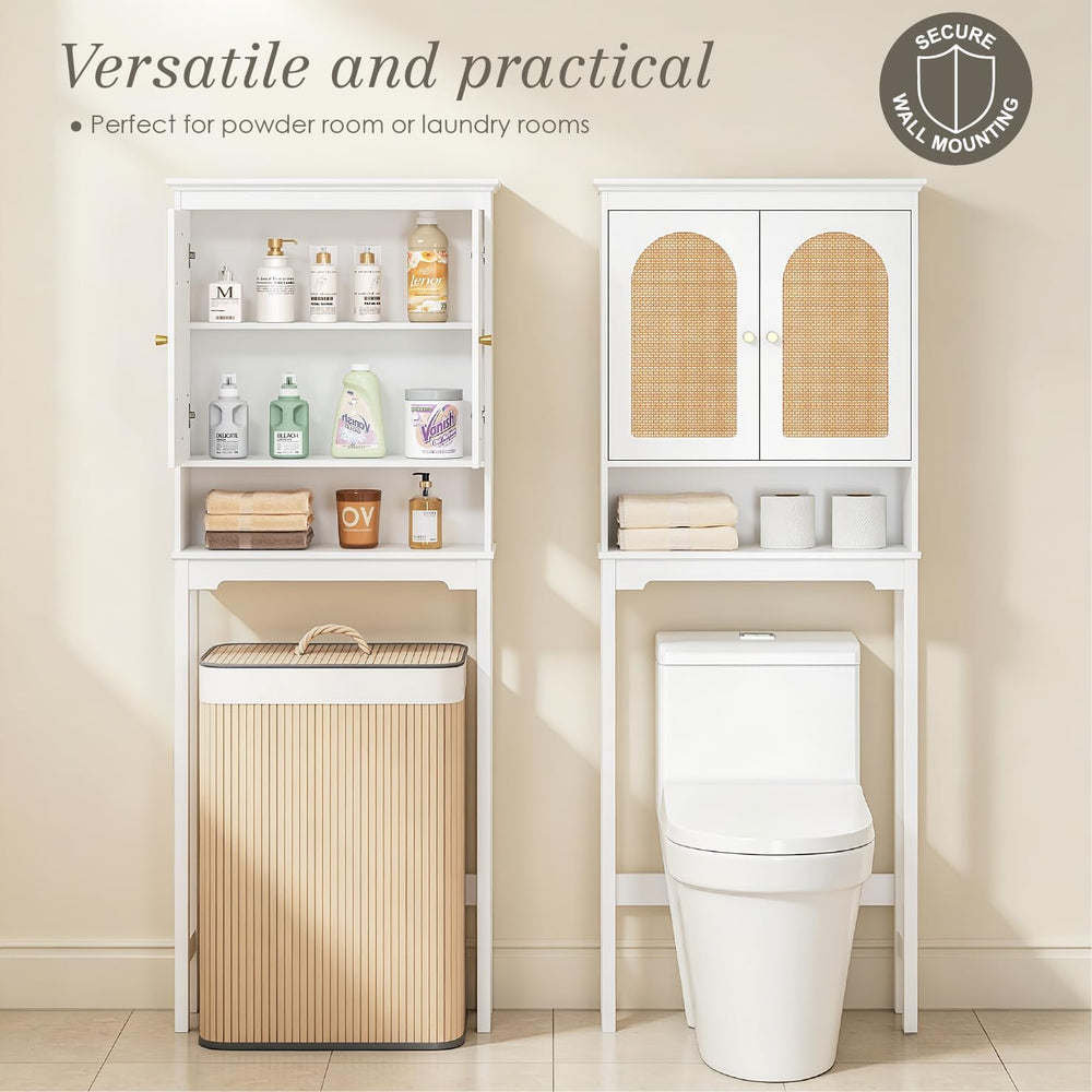 Spirich Over The Toilet Storage Cabinet, Arched Rattan-Style Doors, White
