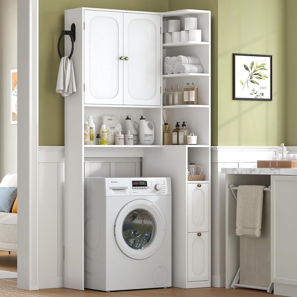 7-Tier L-Shaped Wooden Over the Toilet Storage Cabinet with Doors