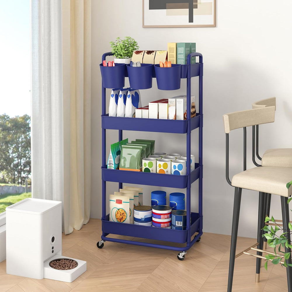JIUYOTREE 4-Tier Plastic Rolling Storage Cart Utility Cart Blue