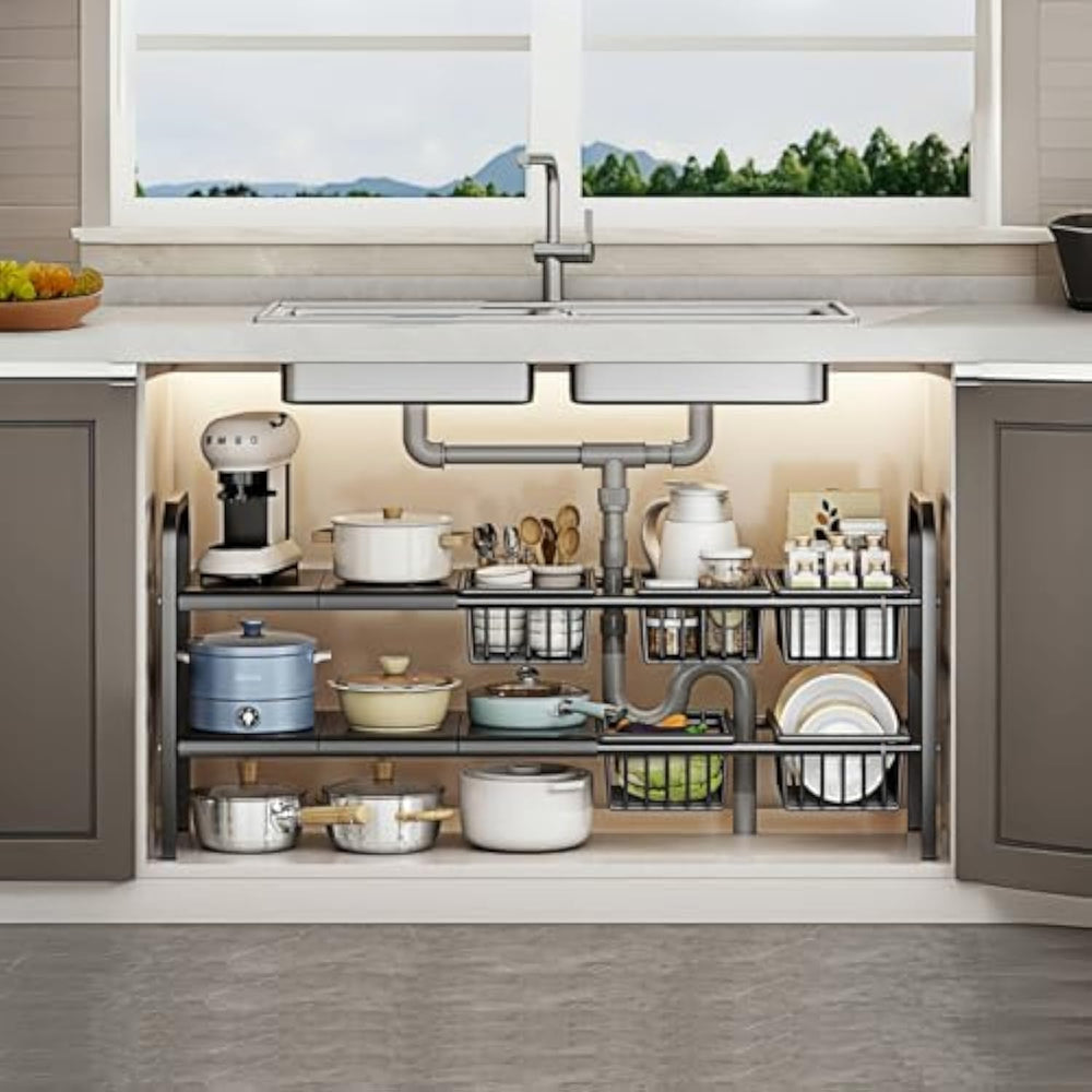 Under Sink Organizer，2 Tier Expandable Heavy Duty Metal Shelf，with 5 Removabl...