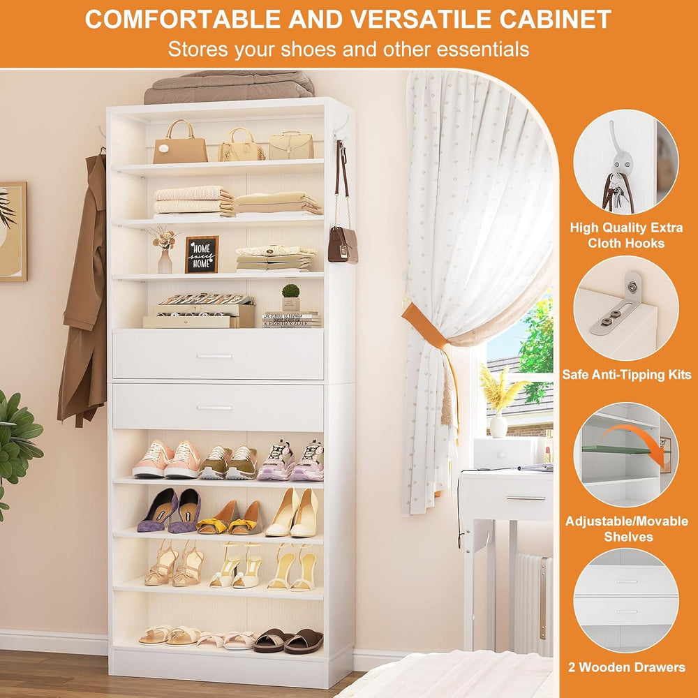 Aheaplus 10 Tiers Tall Shoe Cabinet, 25.6" Wood Sturdy Shoe Rack, White