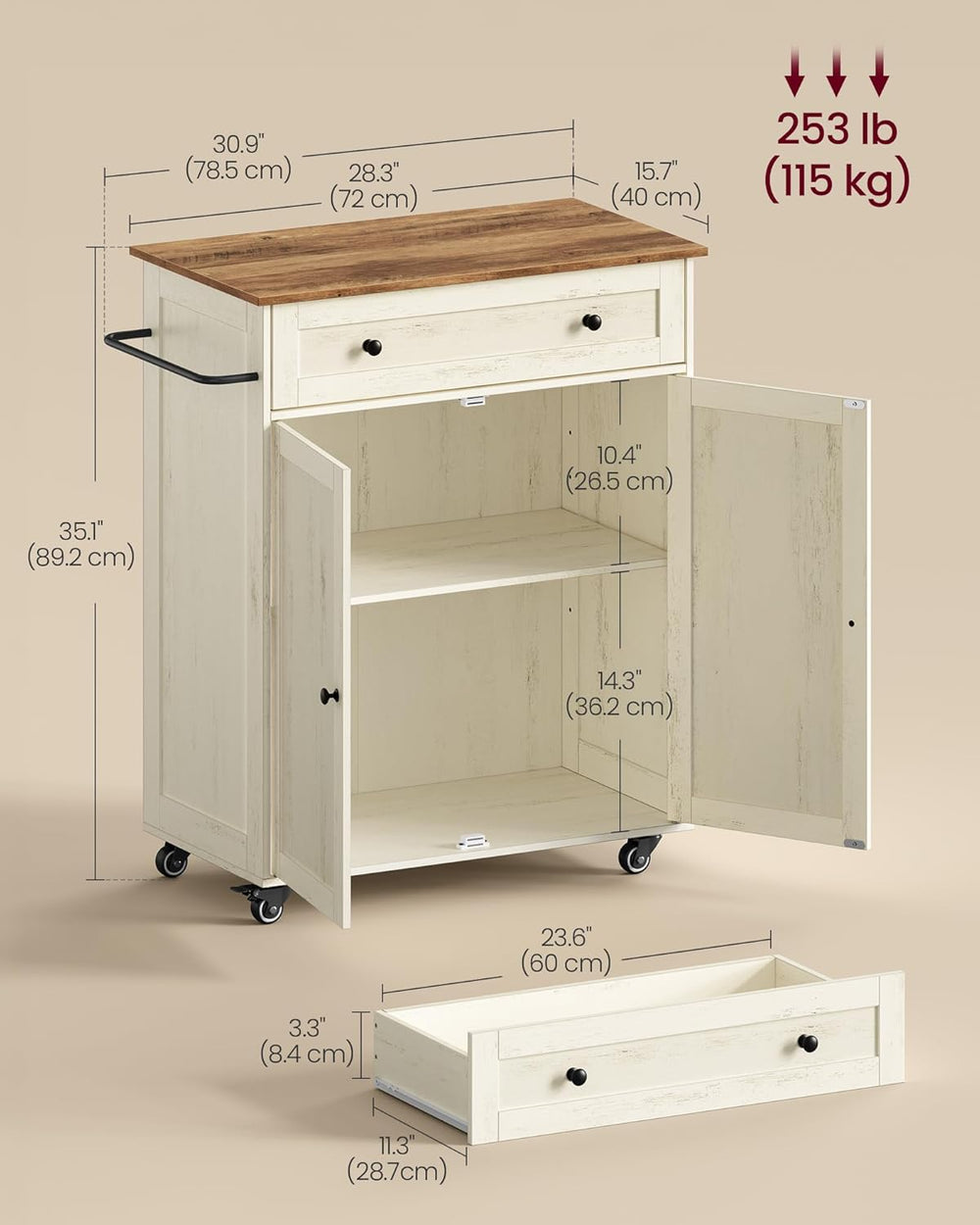 VASAGLE Mobile Kitchen Wooden Island Cart with Storage for Dining Room