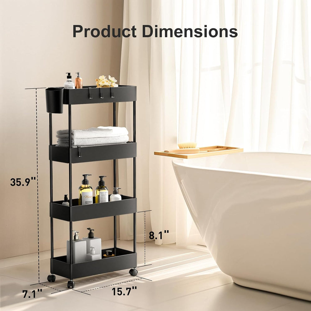 Pipishell 4 Tier Slim Storage Cart with Wheels, Laundry Cart, Black
