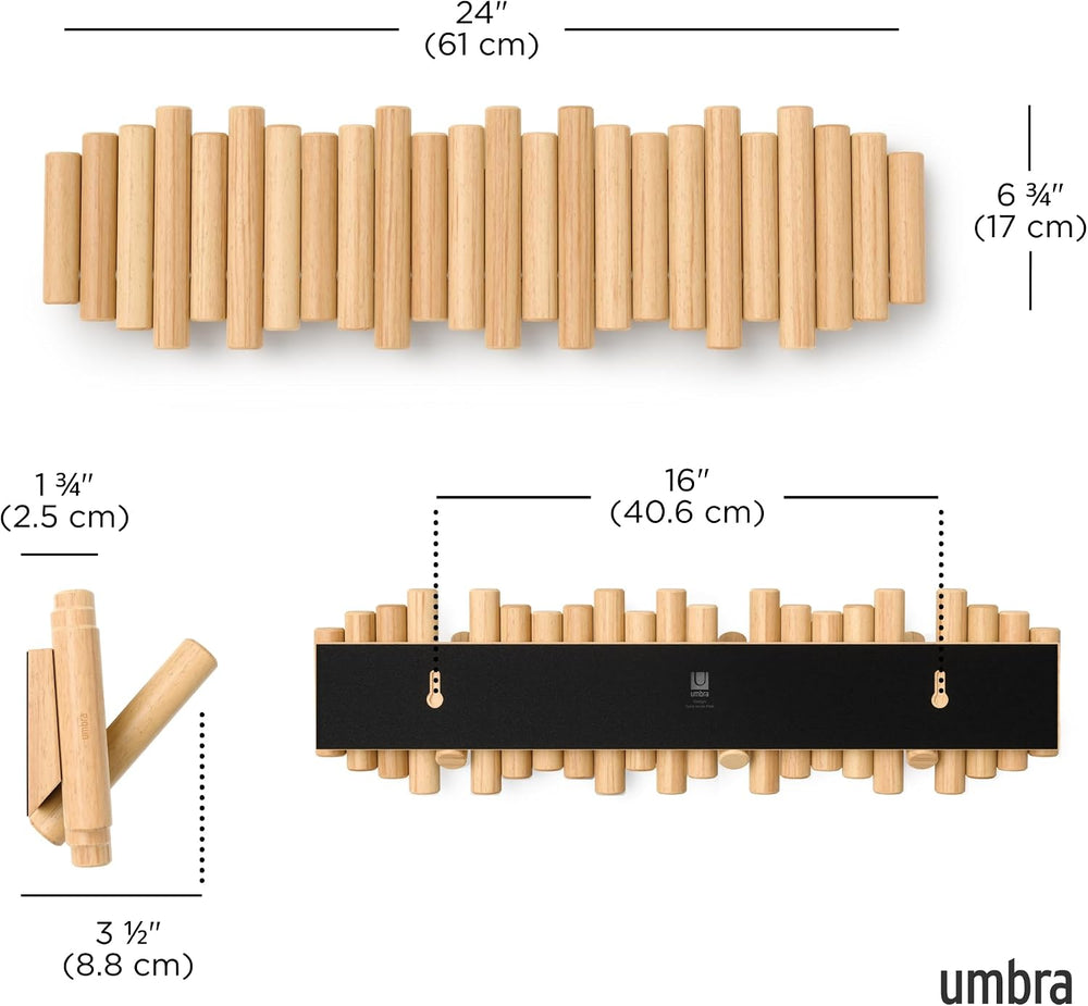 Umbra Picket Coat Rack with 8 Hooks – Natural Wall-Mounted Coat Rack with Fli...