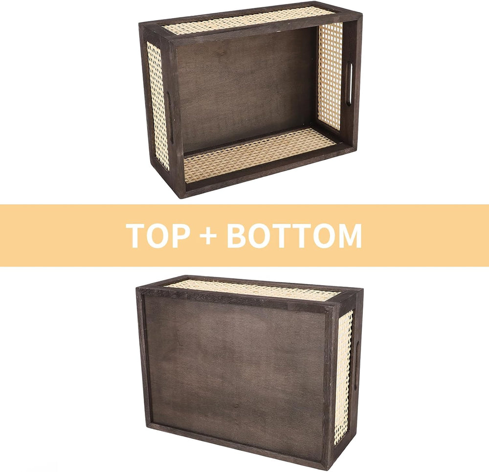 Rattan Wooden Storage Basket with Handle, Brown Set of 2