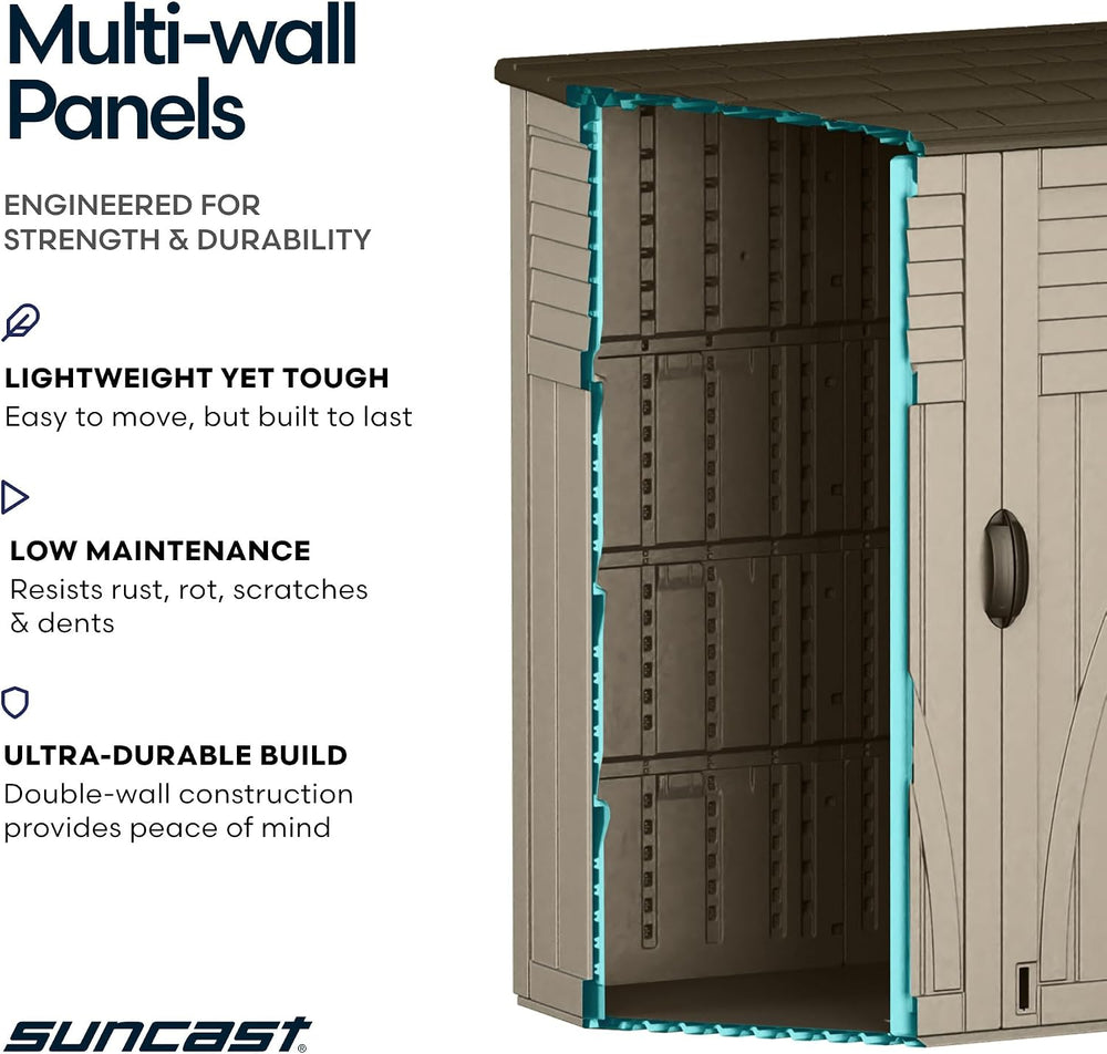 Suncast Outdoor Storage Shed, Water Resistant Resin Vertical Outdoor Storage ...
