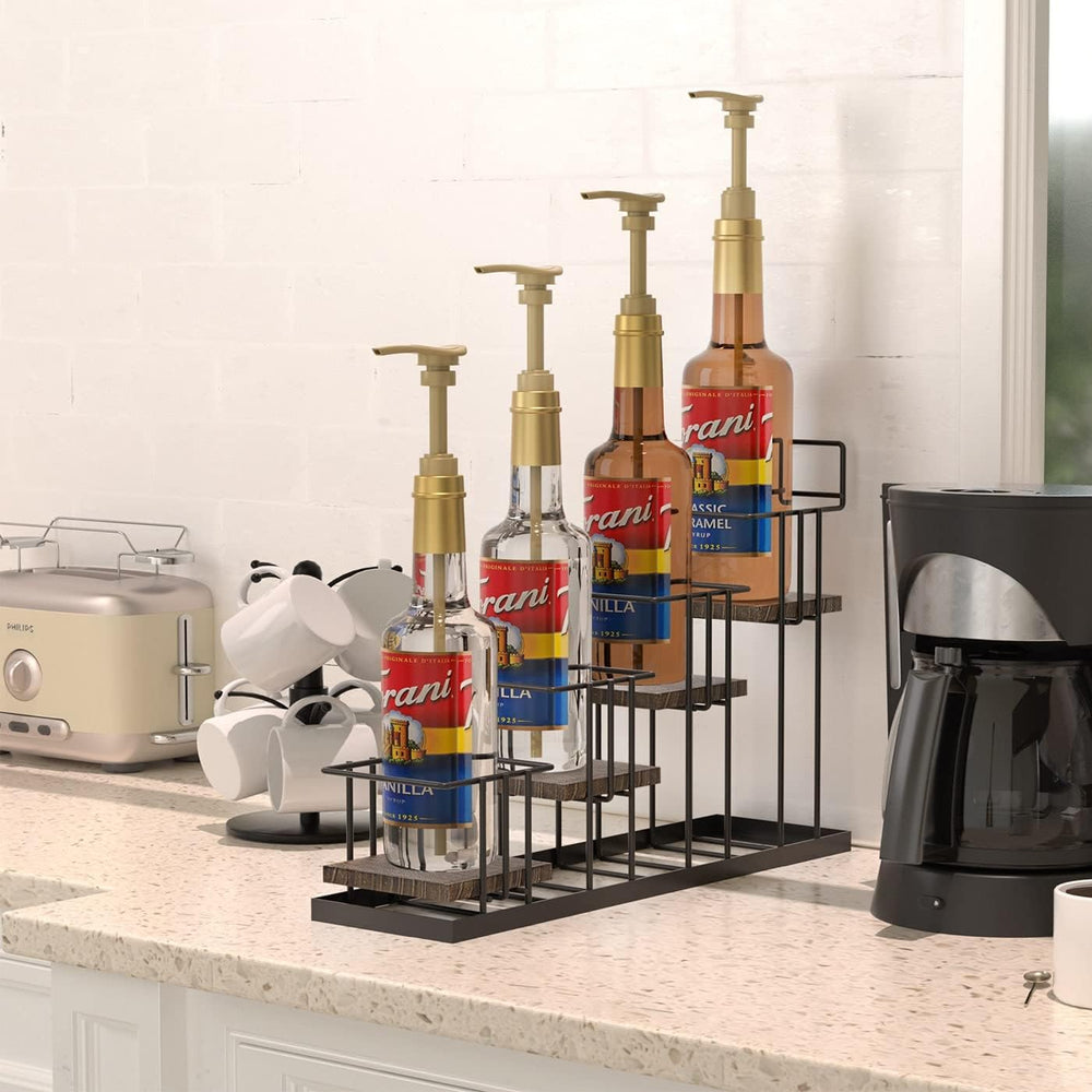 Coffee Syrup Organizer Rack, Rustic Wood and Metal Wire, 4-Tier Display Holde...
