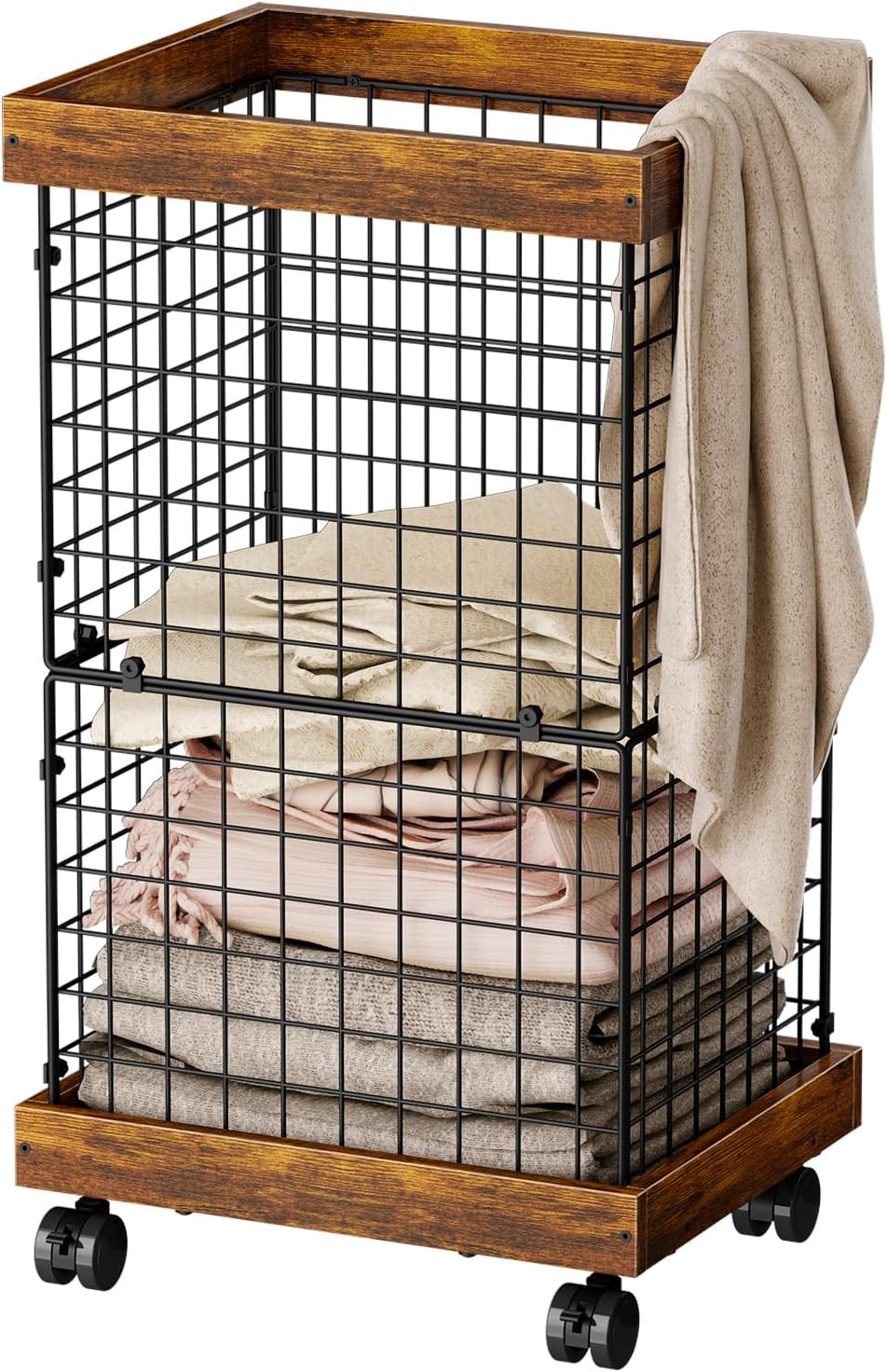 Laundry Basket with Wheels, Rolling Hamper Wooden Wire Laundry Bin