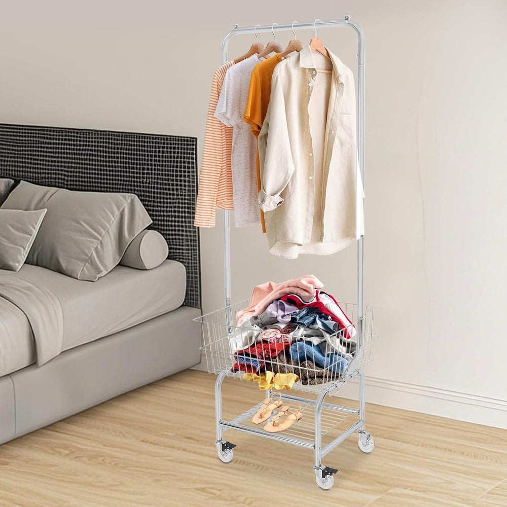 Laundry Cart with Hanging Rack, Metal Garment Organizer with Basket and Shelv...