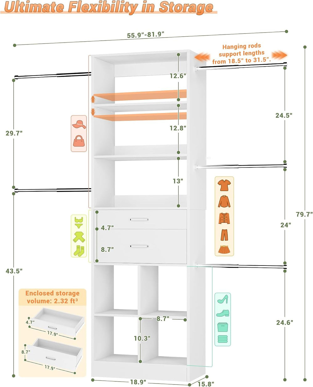 Besiost Small Closet System 3.2-6.8FT Closet Organizer with Wooden Drawers