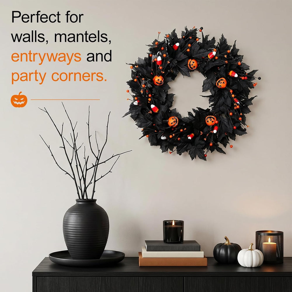 Pumpkin Halloween Wreath 24 Inch Black Maple Leave Wreaths for Front Door wit...