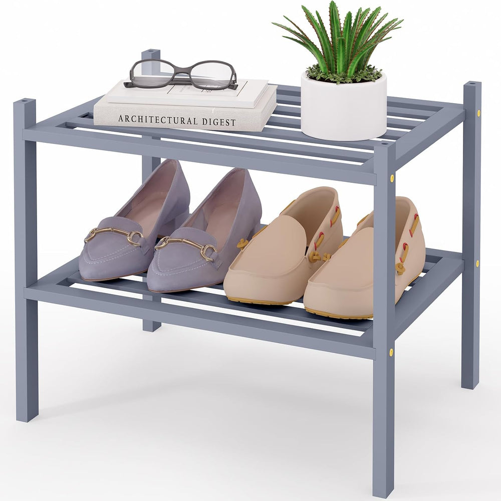 Smiry Bamboo Shoe Rack, 5 Horizontal Slats, 2 Tier - 17.3" Wide, Grey