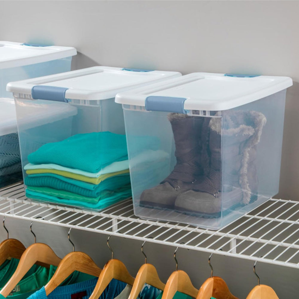 Sterilite 25 Quart Latching Box, Clear Plastic Storage, White, 6 Pack