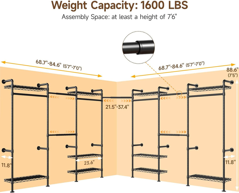 ONBRILL L7 Wall Mounted Industrial Pipe Clothing Rack, Corner Closet System