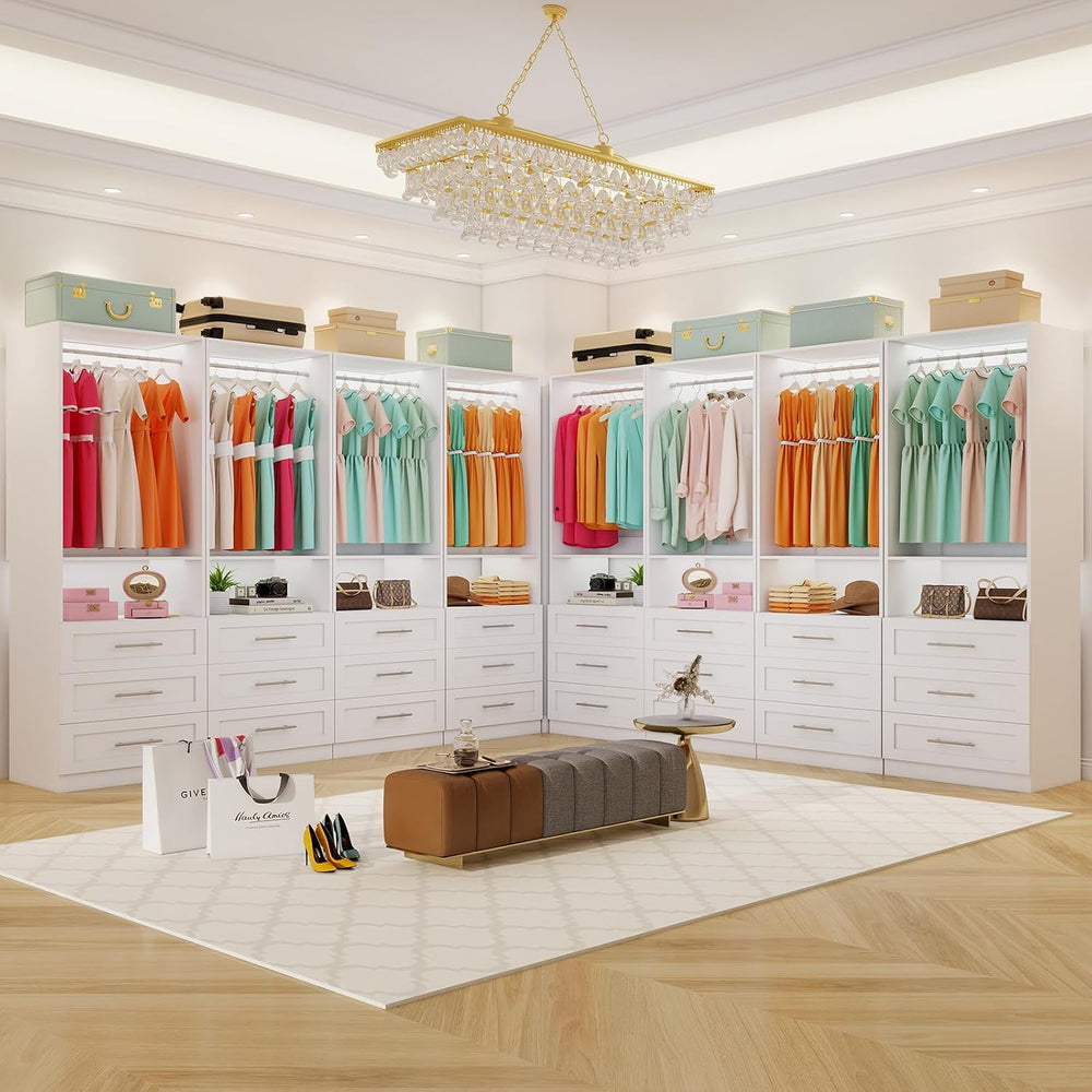 Closet System with 4 Sets, 8FT-21FT Custom Closet System with 9 Drawers for W...