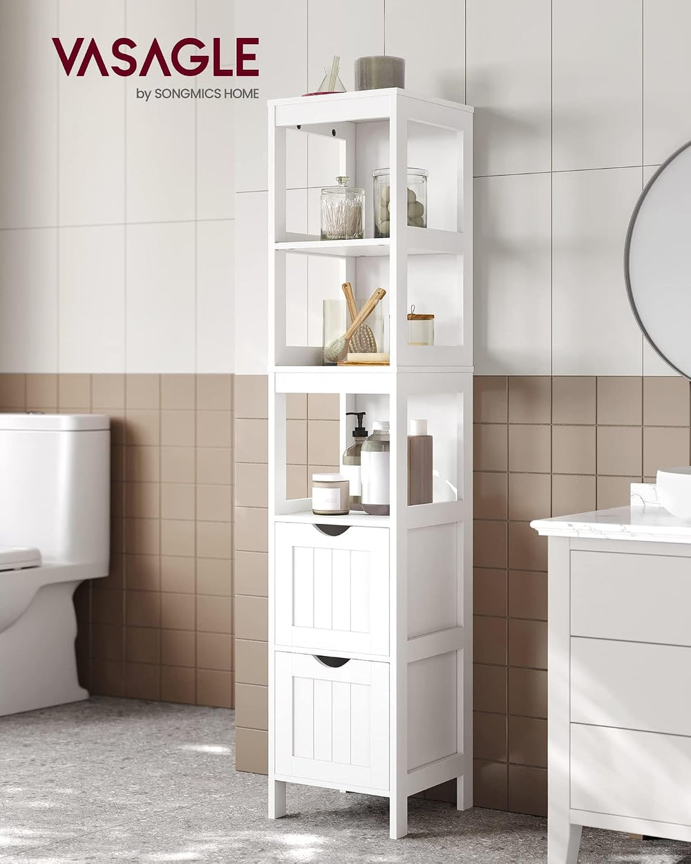 VASAGLE Bathroom Floor Cabinet, 2 Drawers, 55.7”H, White