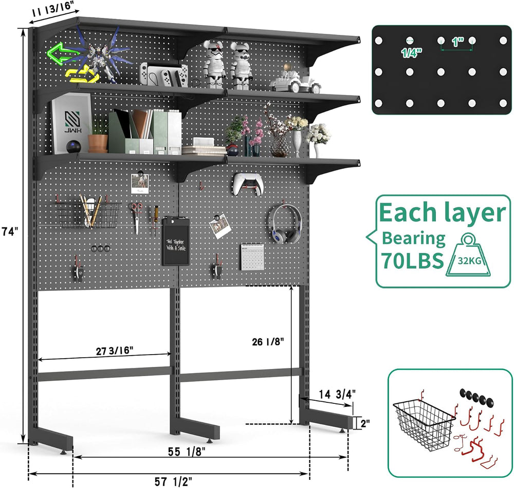 JWX Freestanding Gaming Pegboard Shelf, 300 lb Capacity, 57.5 x 74 in