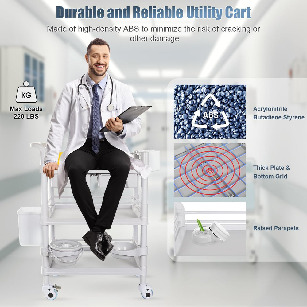 Mobile Medical Cart 3-Tier Professional Utility Cart 330 LBS Max Load