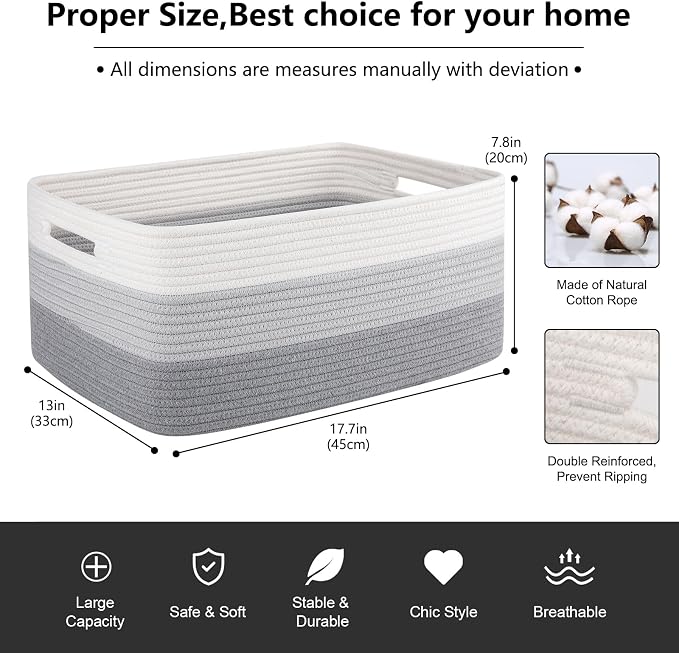 Large Storage Basket for Organizing, Woven Rope Basket for Shelves, Closet (3...