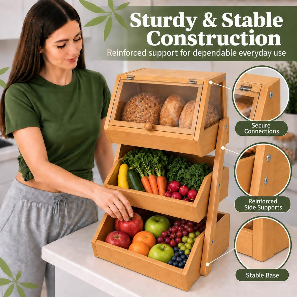 3-Tier Bamboo Basket with Preassembled Drawers, Acrylic Cover & Banana Ho...