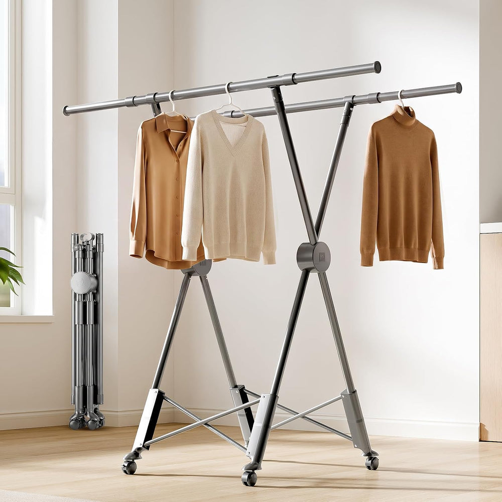 SUJI Clothes Drying Rack, Dual Rod with Wheels, Grey Foldable