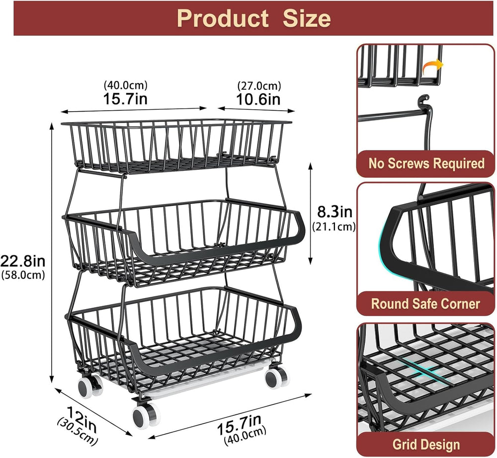 3-Tier Rolling Pantry Cart with Wheels, Stackable Wire Storage Floor Organize...