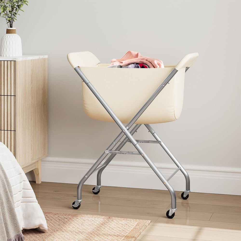 ELYKEN Laundry Basket with Wheels, Collapsible Laundry Hamper, Cream