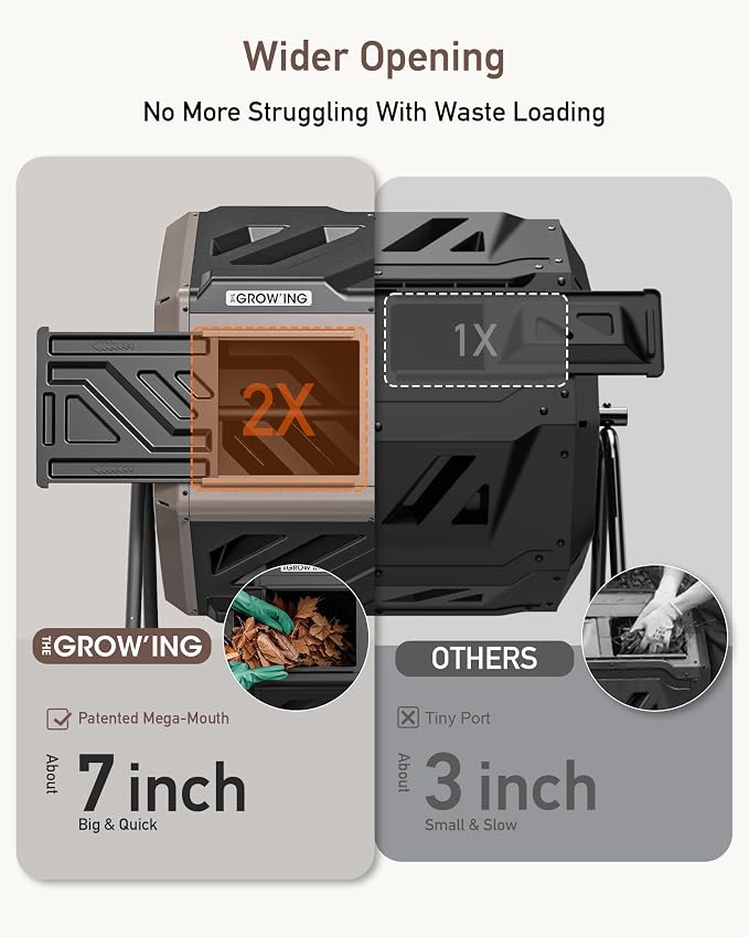 THEGROW'ING Updated 43 Gallon Compost Bin Outdoor, Fast Assemble Tumbling