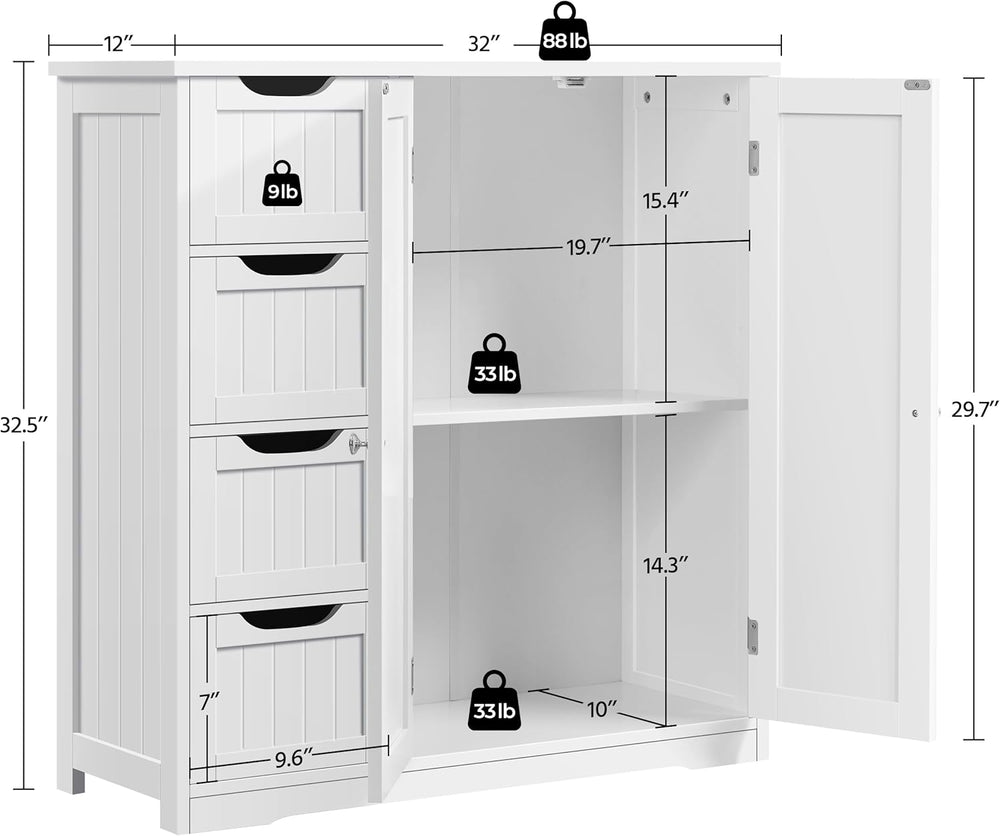 Yaheetech Small Bathroom Storage Cabinet with 4 Drawers & 2 Doors, White