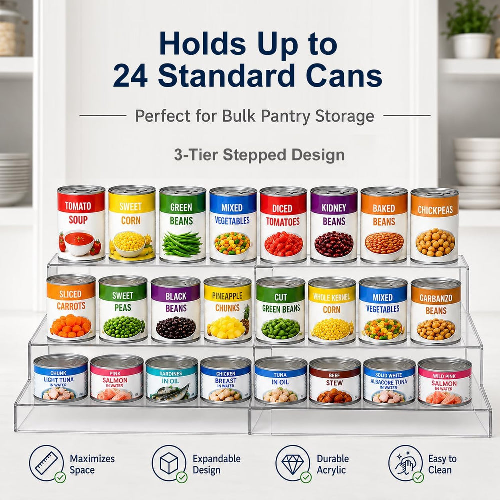 Expandable Can Rack Organizer for Pantry:3-Tier Clear Acrylic Canned Food Sto...