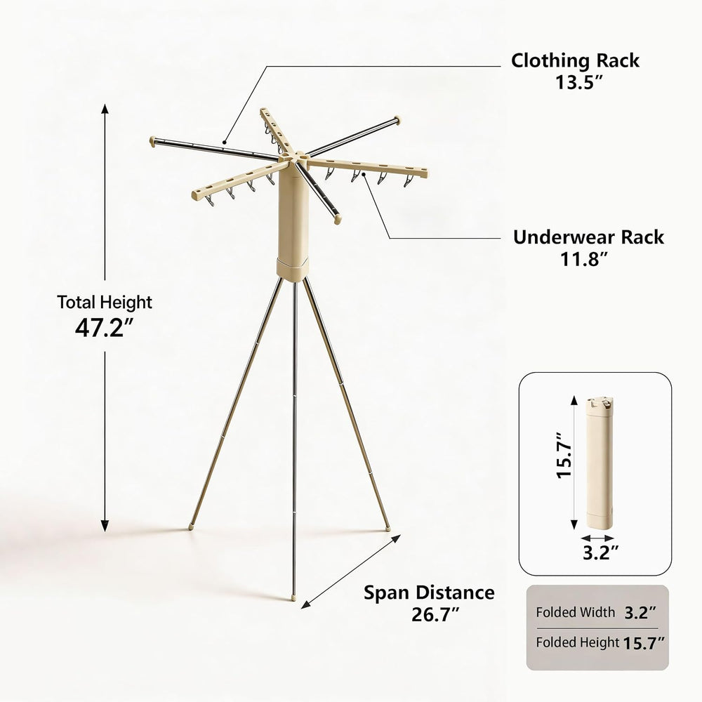 Foldable Tripod Clothes Drying Rack - 6 Clothes Arms & 12 Underwear Clips...