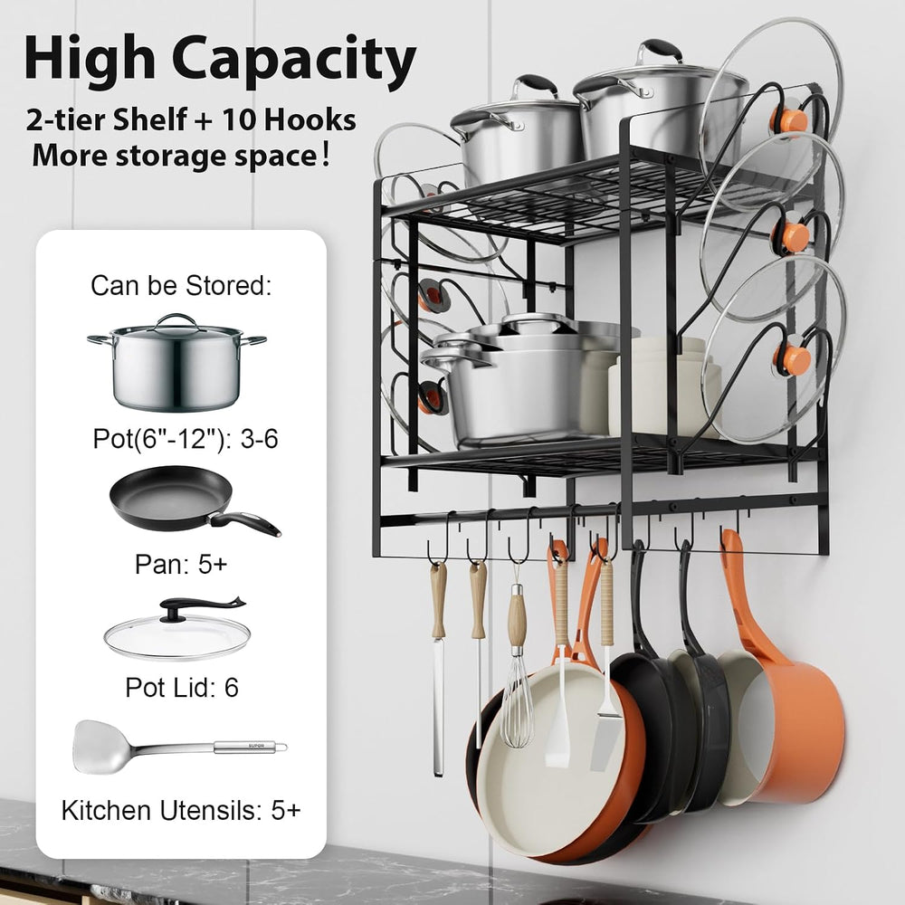 VyGrow 17 Inch Pot Rack Wall Mounted, 2 Tier Pots and Pans Organizer with 10 ...