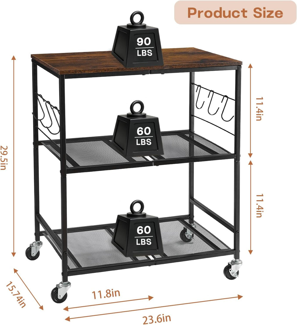 3 Tier Rolling Microwave Cart with Storage, Kitchen Organizer on Wheels