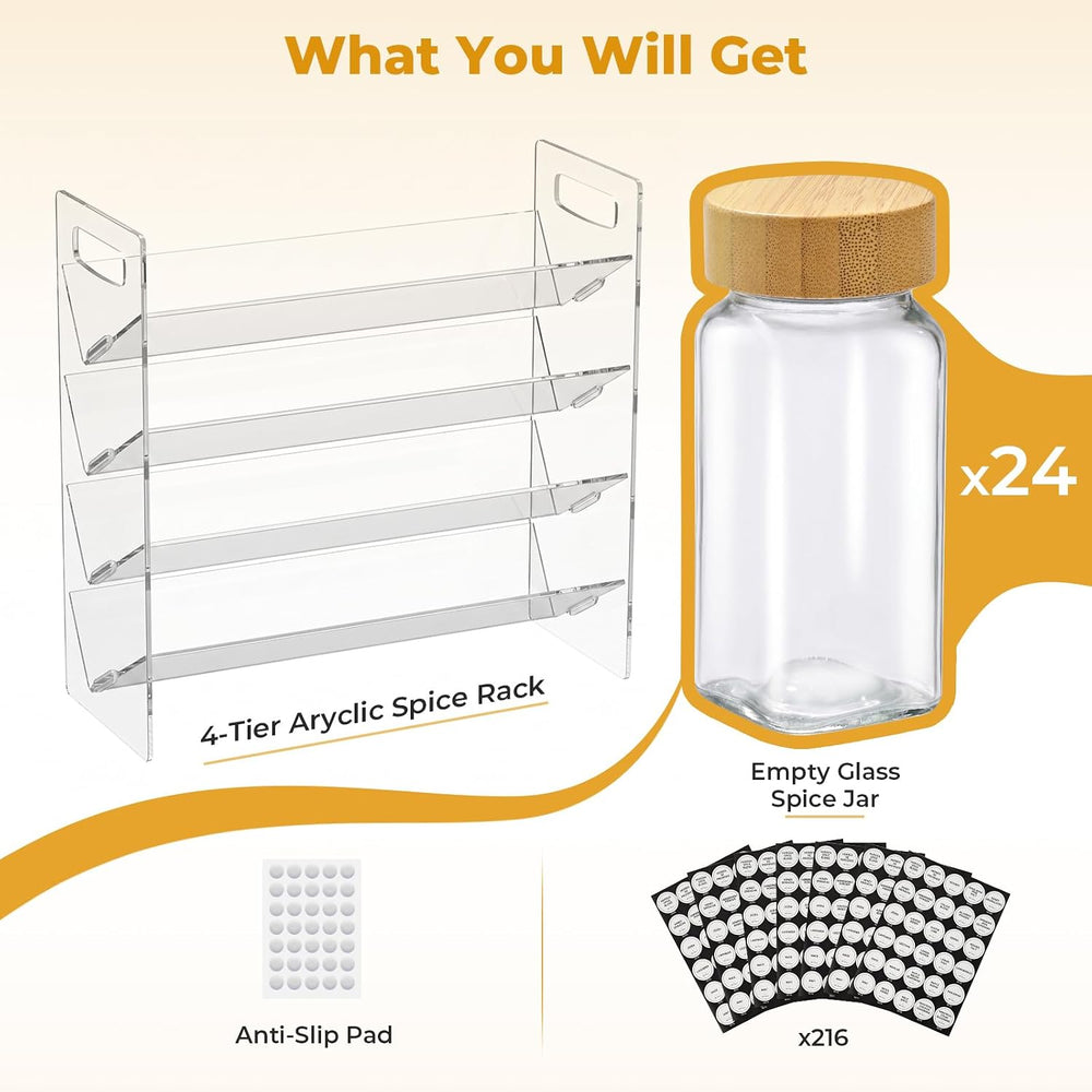 4-Tier Acrylic Spice Rack Organizer with 24 Glass Spice Jars and Wooden Lids,...
