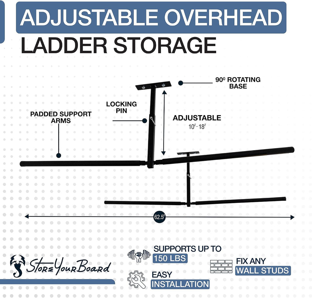 StoreYourBoard Adjustable Overhead Ladder Rack – Garage Organizer Ladder Shel...