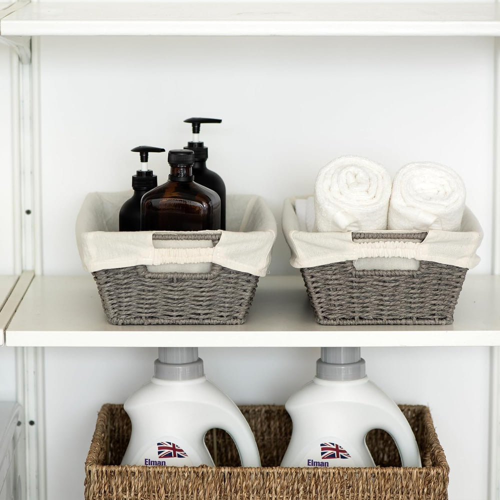 Round Wicker Storage Baskets with Liners and Handles, 2 Pack, Grey