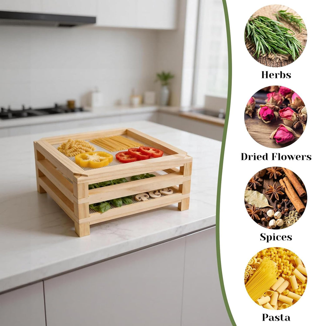 11.8in Square Wooden Herb Drying Rack, Stackable Mesh Countertop Dryer