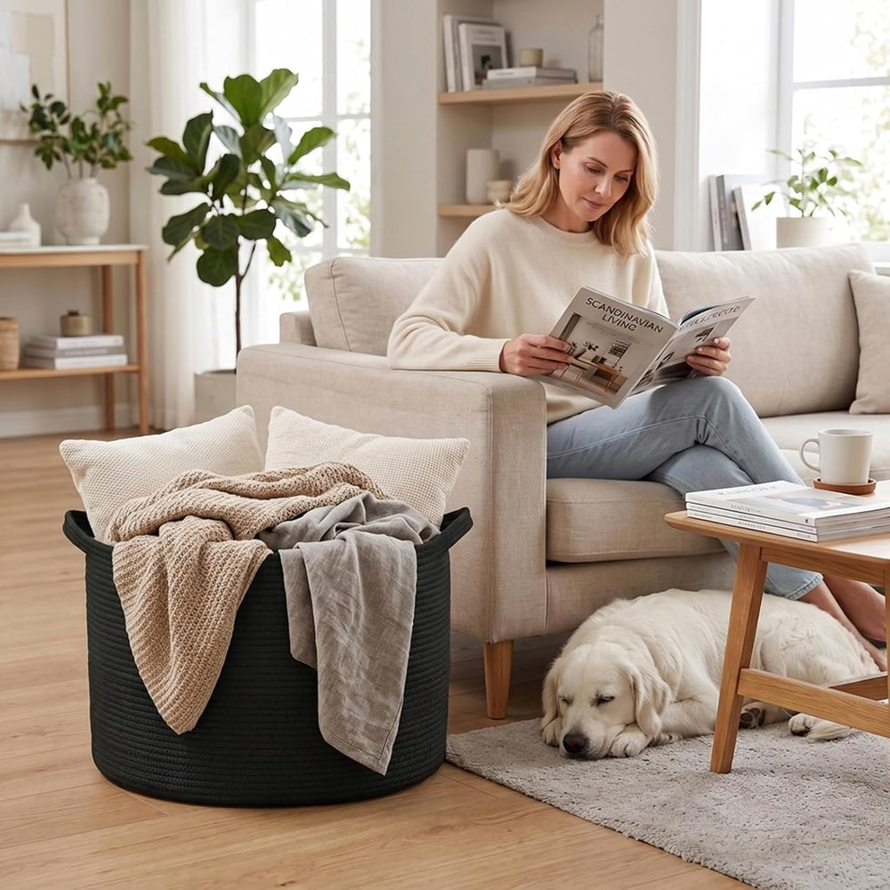 115L Extra Large Blanket Basket,Woven Rope Laundry Basket-Black