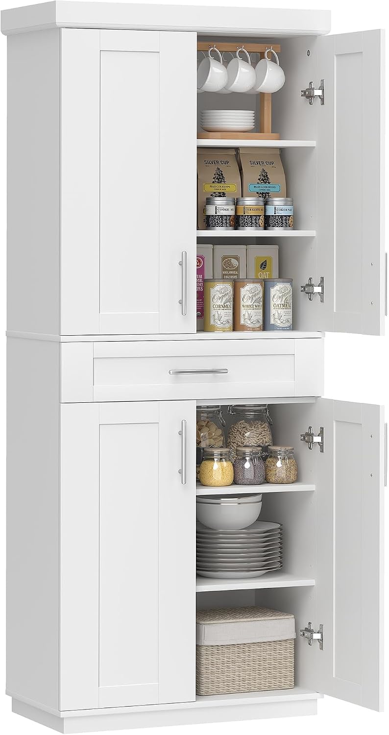 HOMCOM 72" Kitchen Pantry Storage Cabinet, Freestanding Cupboard, White