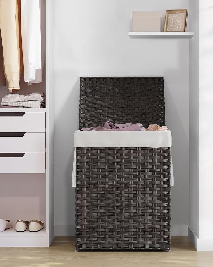 SONGMICS Laundry Hamper with Lid, 23.8 Gallon Synthetic Rattan Clothes Laundry