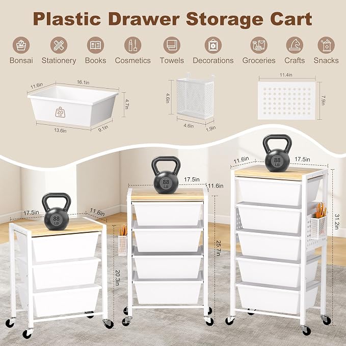 Rolling Cart with Drawers, Rolling Storage Cart with 5 Large Plastic Drawers ...