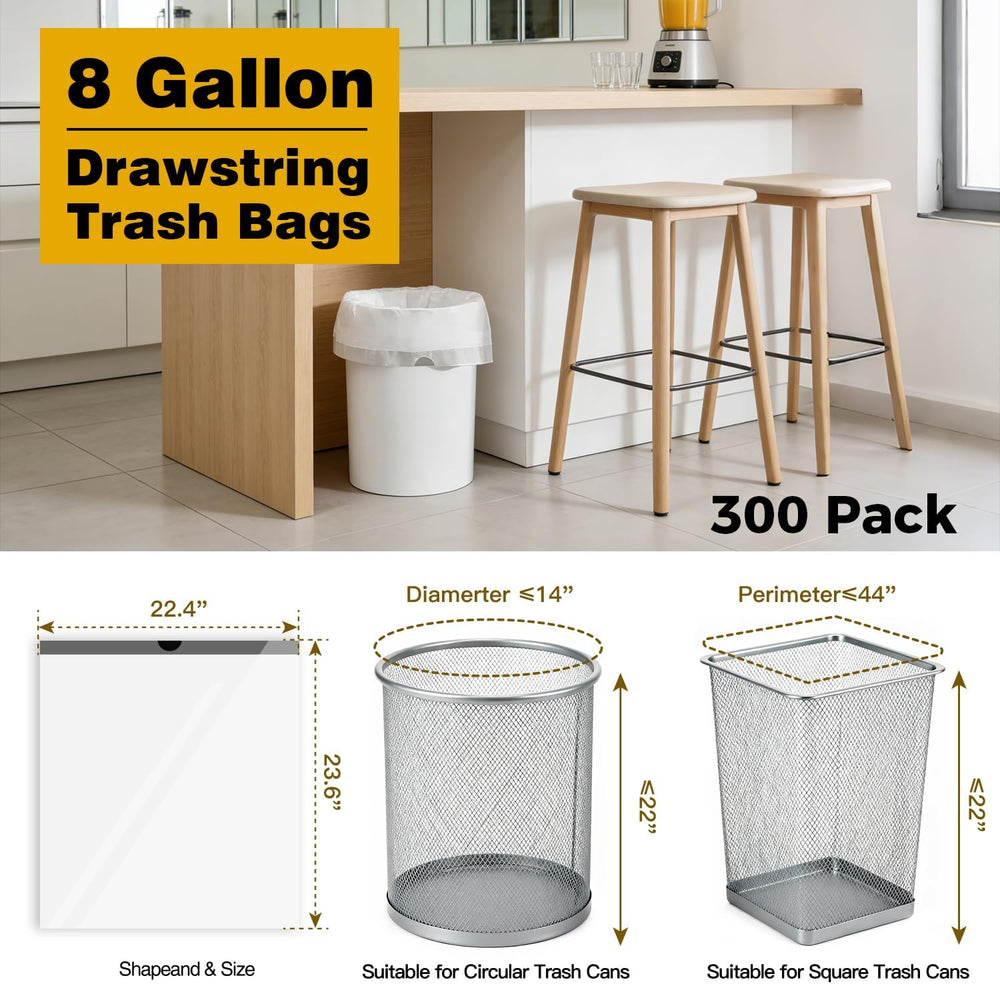 8 Gallon Trash Bags with Drawstring, 300 Count
