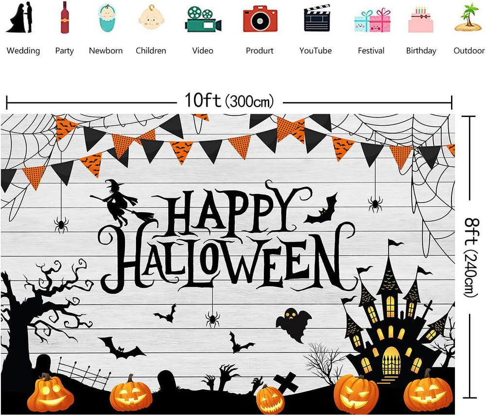 10x8ft Happy Halloween Backdrop Wooden Floor Horror Pumpkin Ghost Castle Witc...