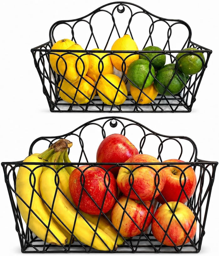 Farmhouse Hanging Wall Storage Baskets Set of 2, Metal Wire Wall-Mounted Basket Organizer for Fruits, Vegetables, Flowers, Kitchen, Pantry, Bathroom, Entryway, Rustic Home Decor