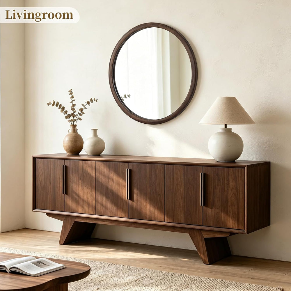 HOMECOOKIN 28 Inch Round Mirror, Farmhouse Wood Grain Framed Wall Mirror, Cir...