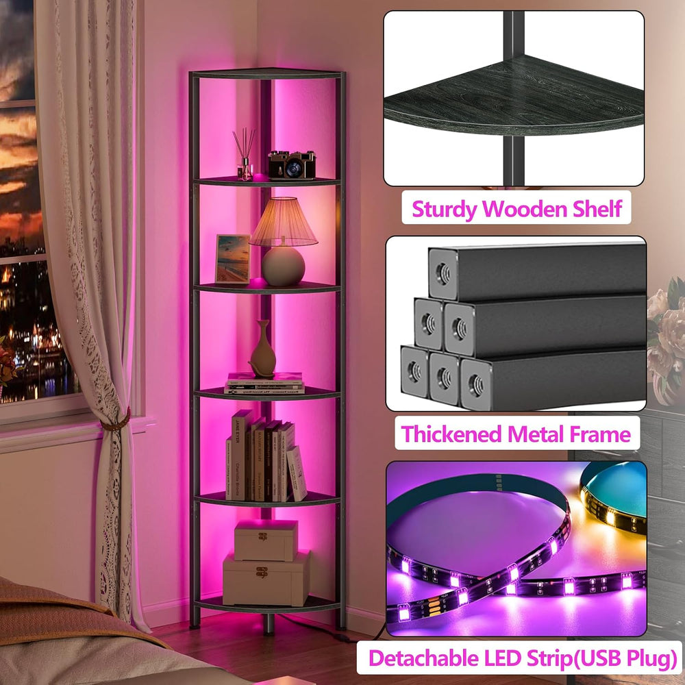 Furnulem 6 Tier Corner Shelf with LED Light, 67.5" Black Narrow Bookshelf