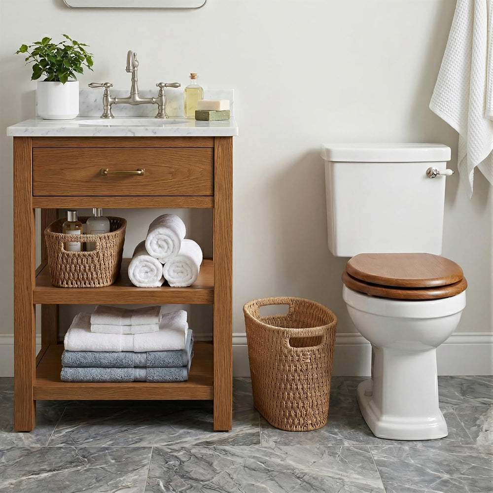 3 Gallon Wicker Trash Can, Paper Rope Small Bathroom Trash Can, Oval
