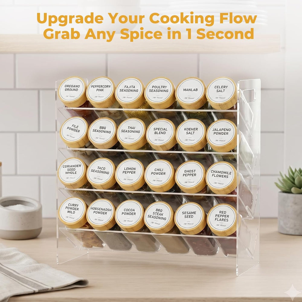 4-Tier Acrylic Spice Rack Organizer with 24 Glass Spice Jars and Wooden Lids,...