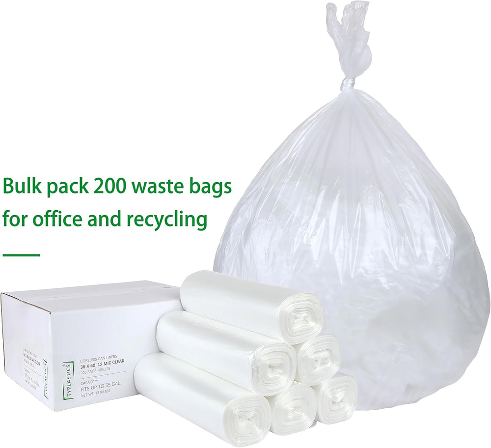 TYPLASTICS 55 Gallon Clear Trash Can Liners, 200 count, 36" x 60"
